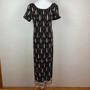 Virgo Dress 8 Maxi Black Beige Ribbed Slinky Scoop Neck‎ Shoulder Pads Vintage